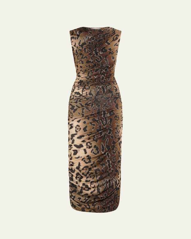 Ruched Leopard Print Midi Dress
